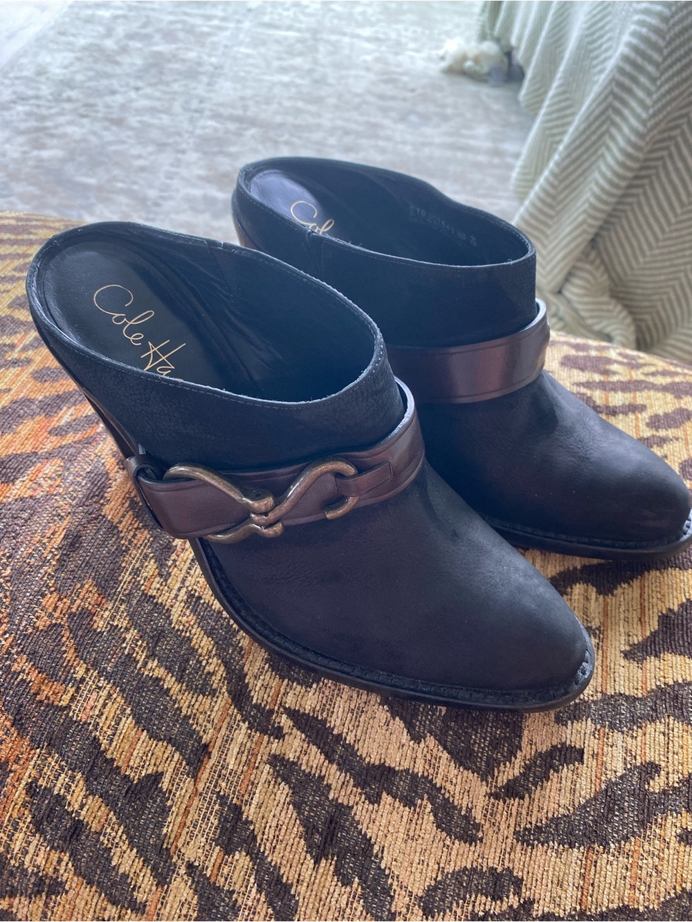 Cole Haan Black Leather Mule Heels with Brown Strap Detail